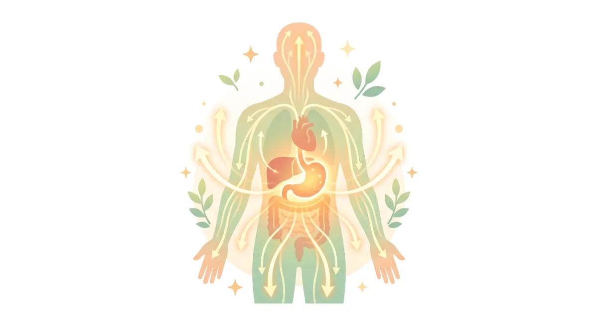 補中益気湯の働き(胃腸を整えて全身にエネルギーを巡らせるイメージ図)