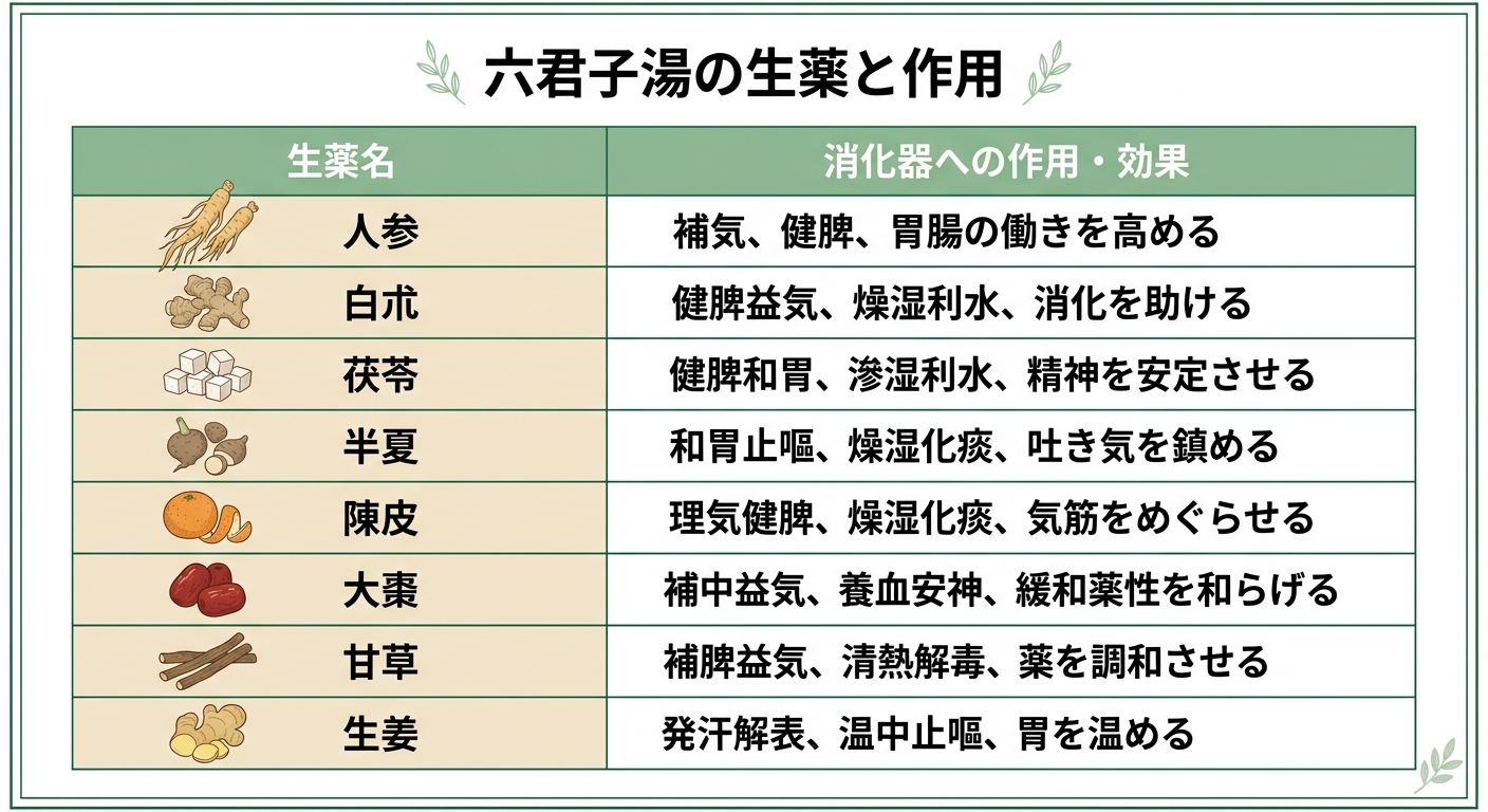 六君子湯を構成する8種の生薬名と各生薬のはたらき