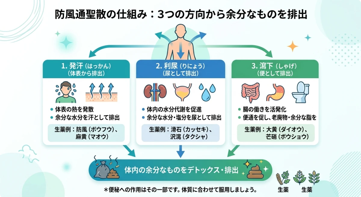 漢方における排出の3つの仕組みを示すフロー図