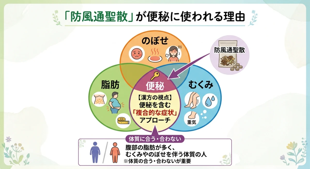 防風通聖散が適応する症状の重なりを示すベン図