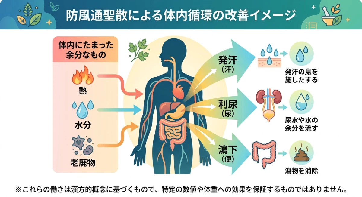 防風通聖散の3つの排出作用（発汗・利尿・瀉下）のメカニズム