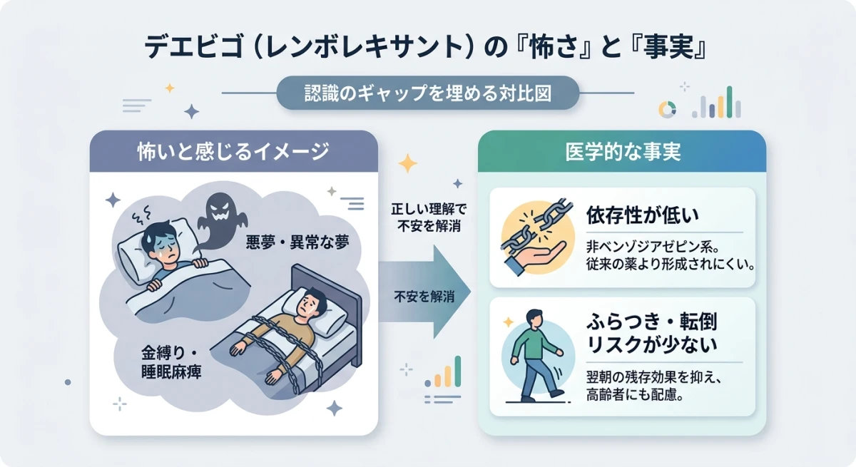 デエビゴに対する「怖い」という先入観と、医学的な「実際のリスク」のギャップを示す比較図。