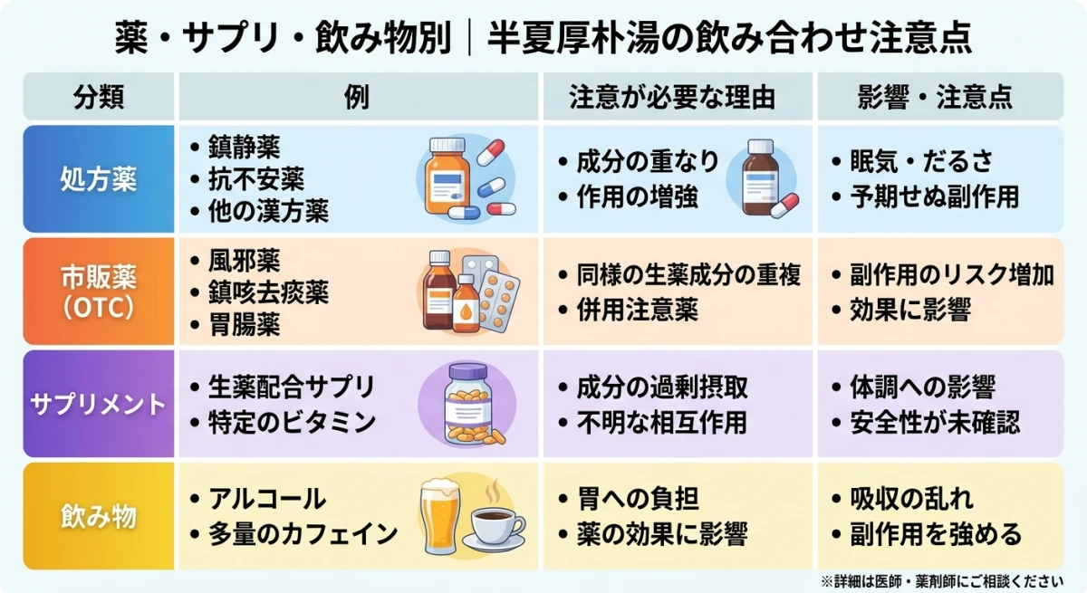 飲み合わせによる注意が必要な薬とサプリの分類表