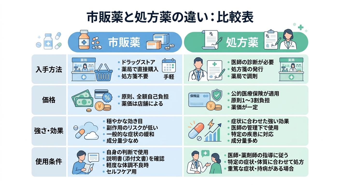 市販薬と処方薬の違いを入手方法・価格・効果・使用条件の4項目で比較した2列の図解表