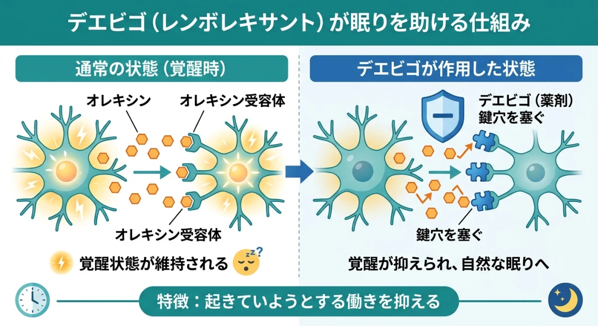 デエビゴがオレキシン受容体をブロックする仕組みの図解