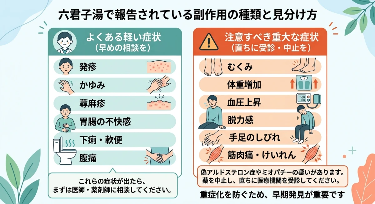 六君子湯の副作用の種類と、軽度なものから重大なものまでの見分け方を示した対照表。
