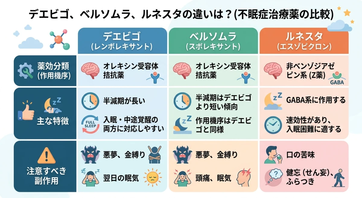 デエビゴ、ベルソムラ、ルネスタの薬効や副作用を比較した一覧表