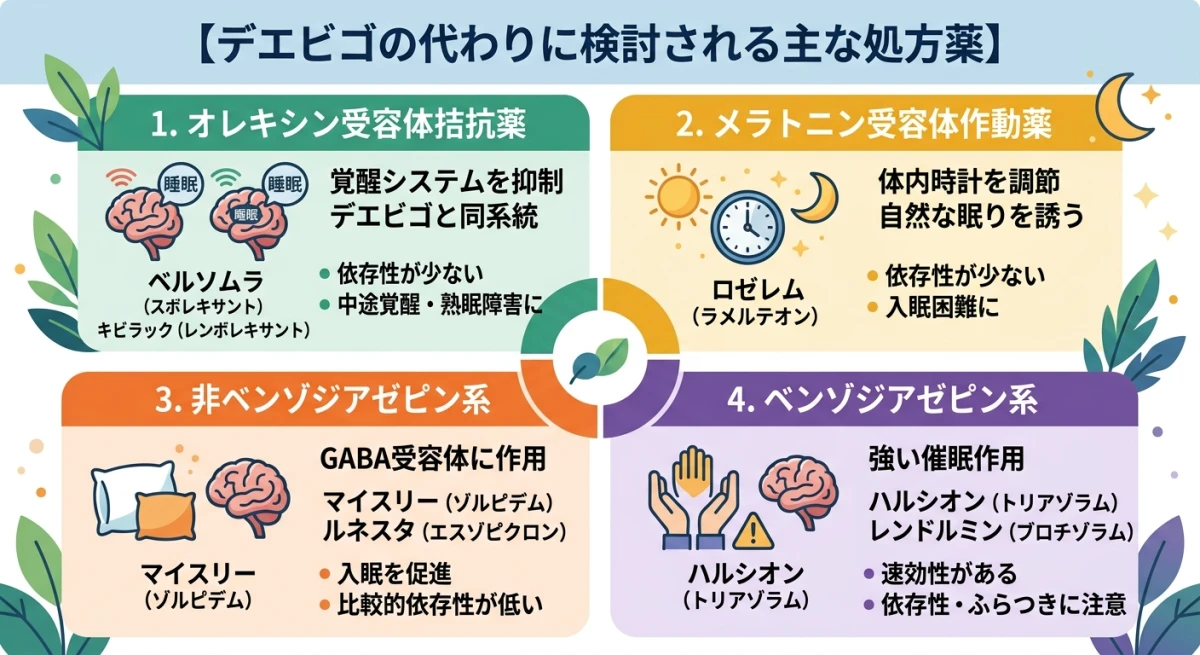 デエビゴの代替として検討される主な睡眠薬の4つの分類図