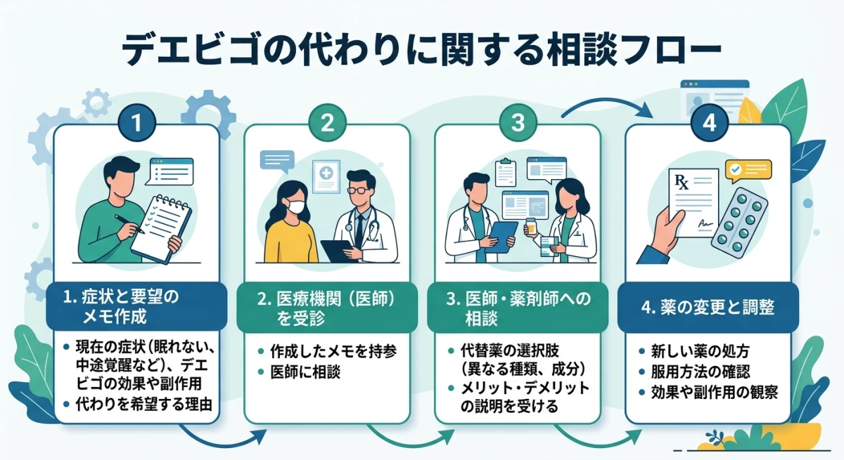 睡眠薬を変更する際の医師・薬剤師への相談手順を示すフローチャート