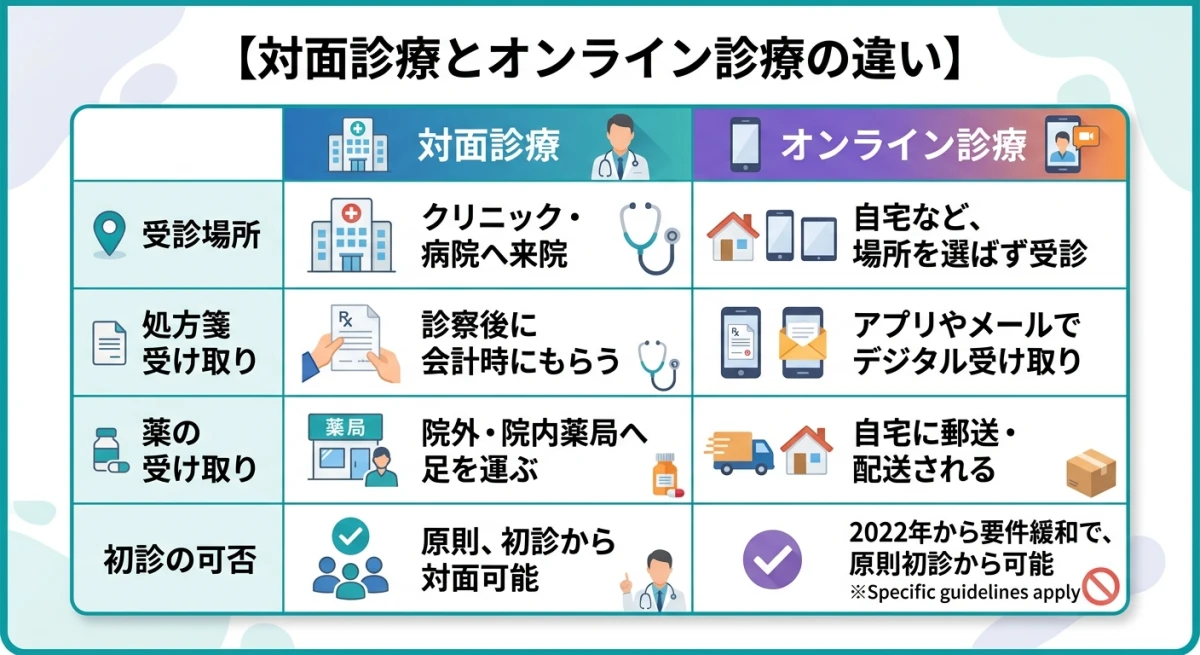 対面診療とオンライン診療の受診方法や薬の受け取りに関する比較表