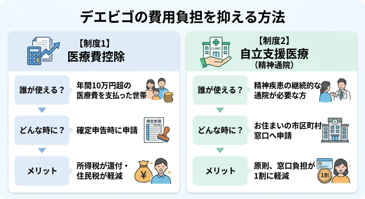 デエビゴの費用負担を抑えるための制度活用フロー図。