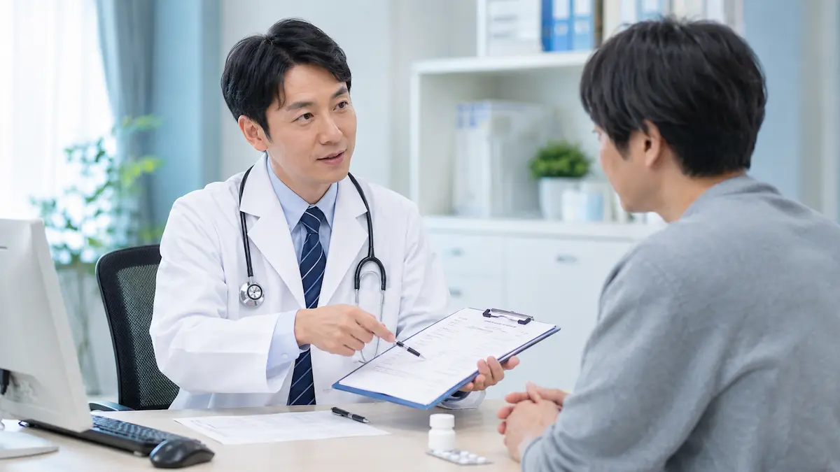 内科の診察室で、医師に不眠を相談している画像