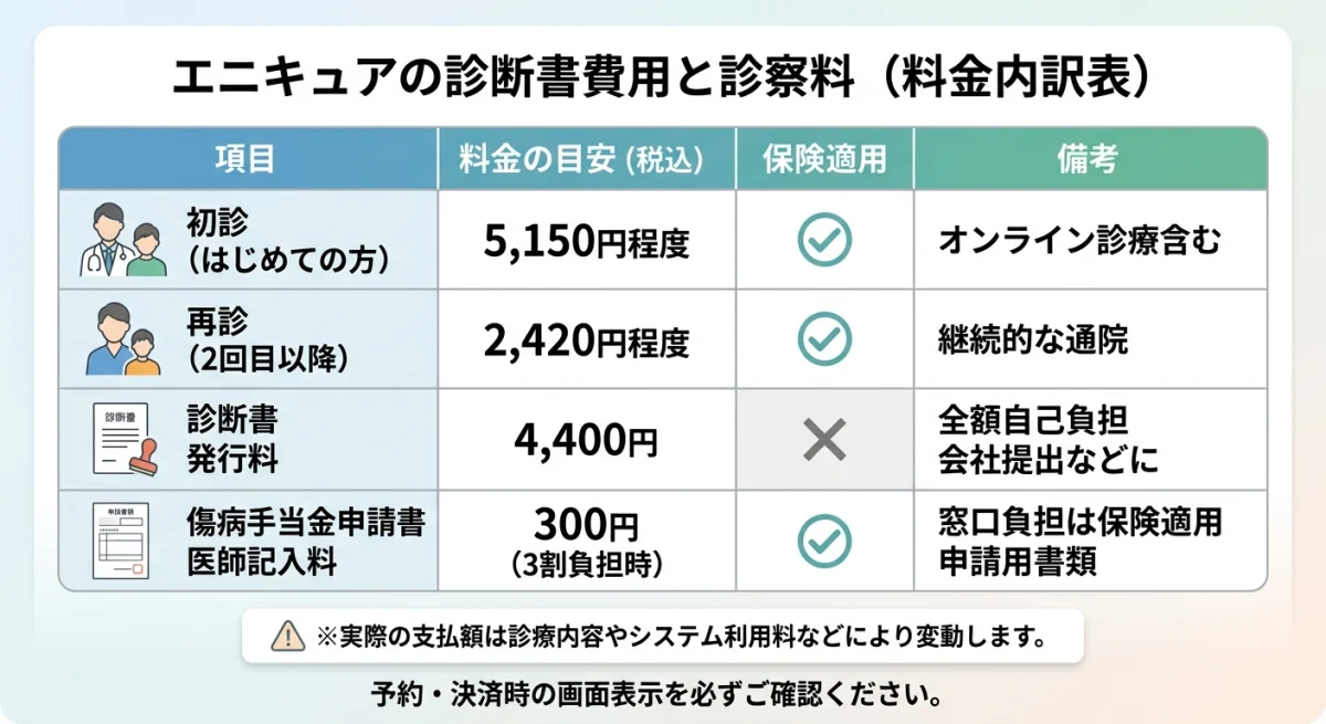 エニキュアの診察料と書類作成費用の料金一覧表