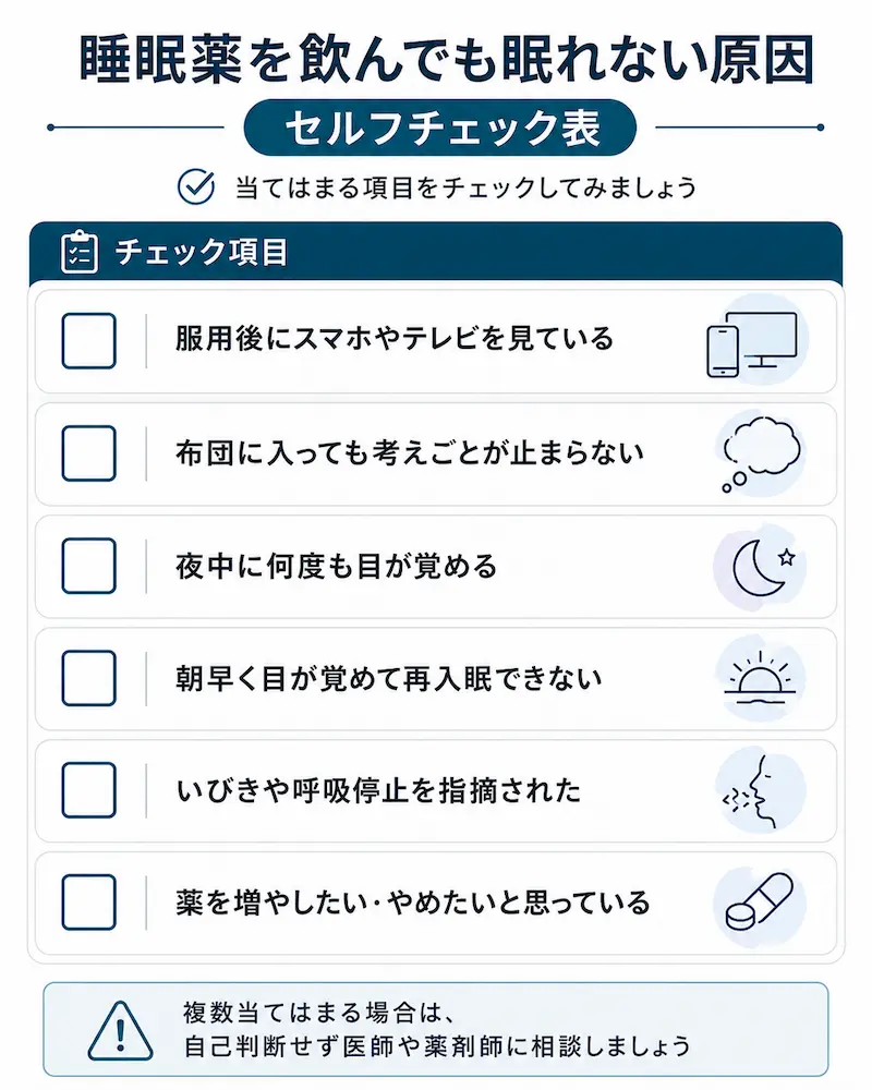 睡眠薬を飲んでも眠れない主な原因 チェックリスト