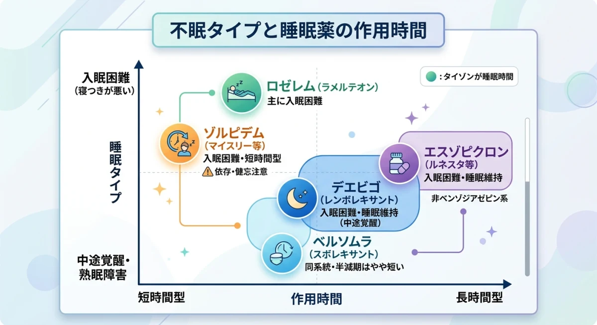 不眠タイプと睡眠薬の特性をマッピングした比較図