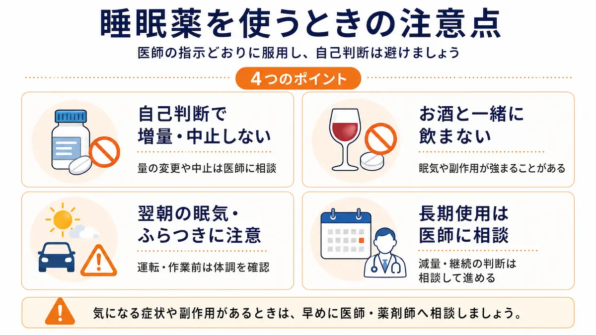 睡眠薬を使うときの注意点を4つに整理した図解