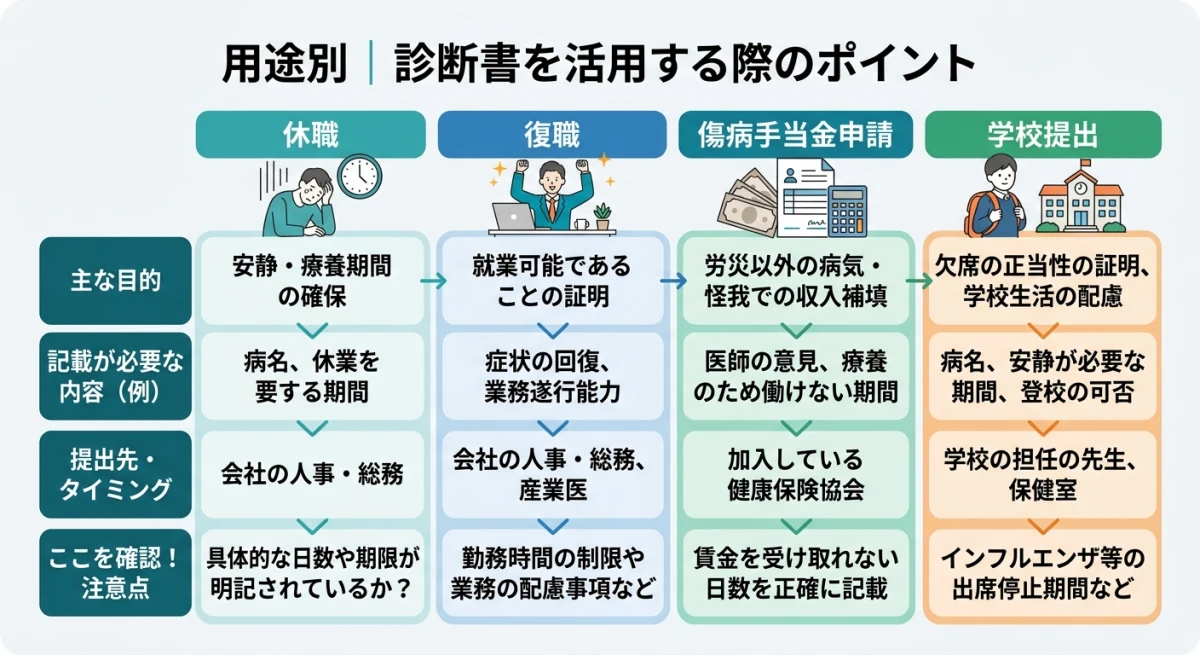 用途別の診断書活用ポイント比較表